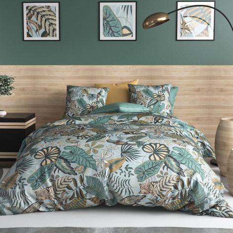 Parure housse de couette 260x240cm + 2 taies motif exotique bleu et vert 100% coton - YUCATAN (1/4)