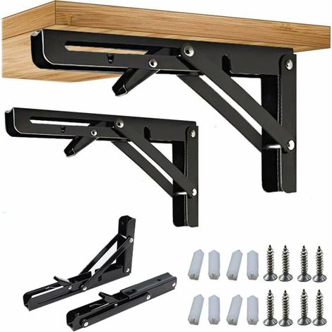 2 Pièce Équerre Pliante, 250/300mm Équerre Pliante Étagère Murale, Support Pliante Robuste Noir Support Console Pliable pour Table Etagere Murale 100KG Porteur (250mm/10inch) (1/5)