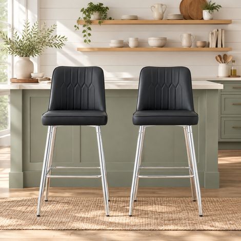 Set di 2 sgabelli da bar 100 cm, PU nero, gambe in metallo argento, poggiapiedi DESVIAE (1/5)