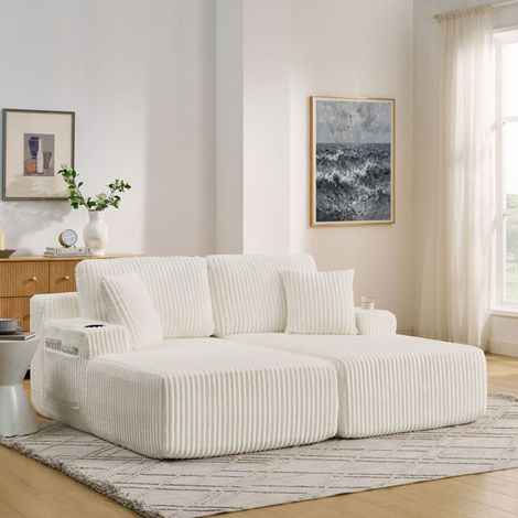 Canapé-lit relax - SOGEU - 2 places - Tissu côtelé beige - Poche magazine & porte-gobelet - Coussins amovibles (1/5)