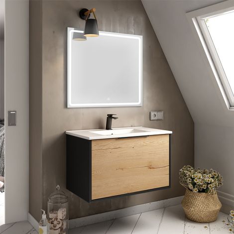 Meuble de salle de bain simple vasque - 1 façade et 2 tiroirs - ALBA et miroir VELDI - 80cm (1/3)