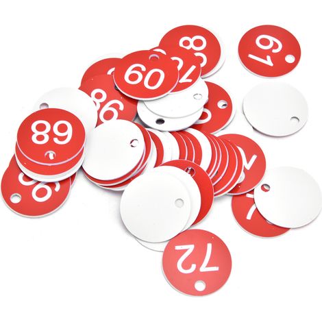 50 étiquettes numérotées pour ruches, avec trou, pour l'apiculture (rouge 51-100). Numérotées et perforées. (1/5)