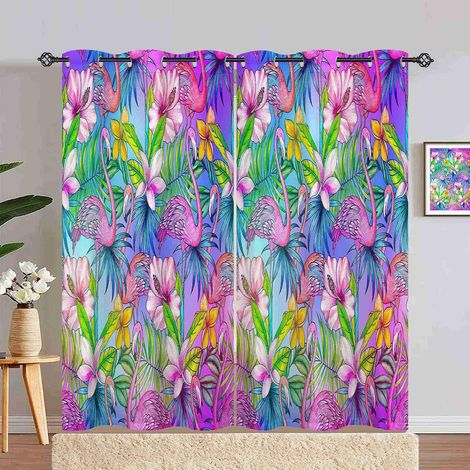 Rideau Occultant Tropical Flamant Rose Fleur Feuille Rideau Thermique Isolant Draperies Intérieurs Tenture Opaque à Oeillets pour Maison Chambre Salon Fenetre 2 Pièces L 140 x H 240 cm - 140L X 240H c (1/5)