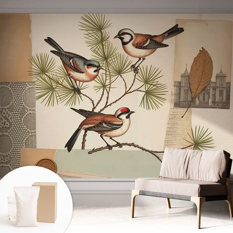 Papier peint intissé décoratif avec colle pour salon chambre et bureau Installation rapide Collage d'oiseaux 312x219 cm (1/5)