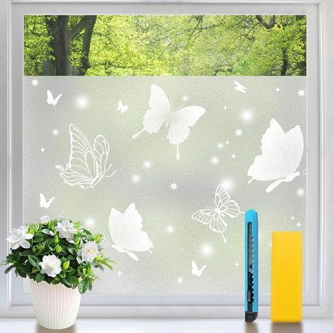 Pellicola oscurante per finestre, senza colla, 44,5x200 cm, motivo a farfalla satinata, resistente ai raggi UV, luminosa e decorativa per bagno, camera da letto, ufficio, vetrina.