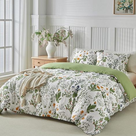 Ensemble de literie King-Size 230x220 cm à motif floral, 2 taies d'oreiller, microfibre, blanc