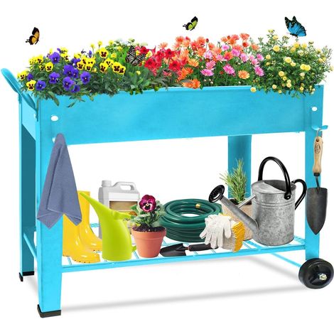 Carré Potager surélevé avec étagère Rangement intégrée 101 x 28 x 80 cm, Lit de Jardin Surélevé Bac de Plantation avec Pieds pour Cultiver Fleurs Végétaux Herbes Plantes Grasses dans Jardin, Bleu (1/5)
