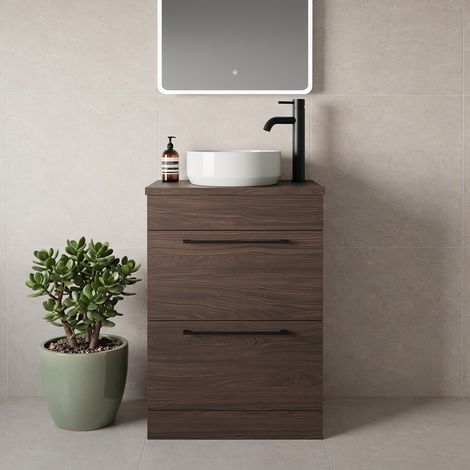 Napoli 390 Brown Oak 600mm 2 Drawer Vanity Unit for Countertop Basins - 600mm - Matt Black 320mm Handle