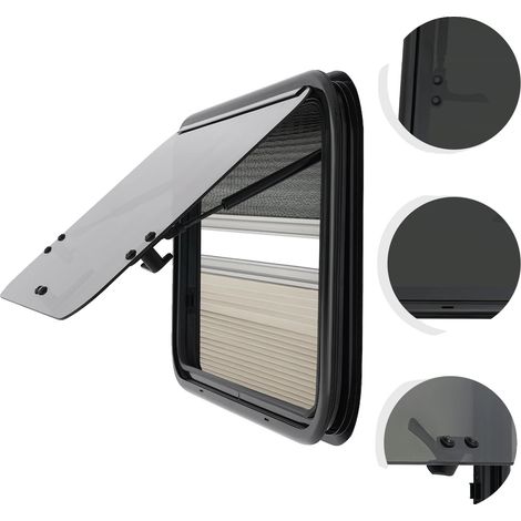 Ventana para autocaravana, 700 x 450 mm, material de policarbonato, diseño abatible, mosquitera integrada, compatible con diversas autocaravanas. (1/5)