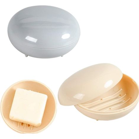 CCYKXA  Set of 2 soap dishes with lids - Portable soap dish - For bathroom, shower, home, travel - Round apricot grey (1/5)