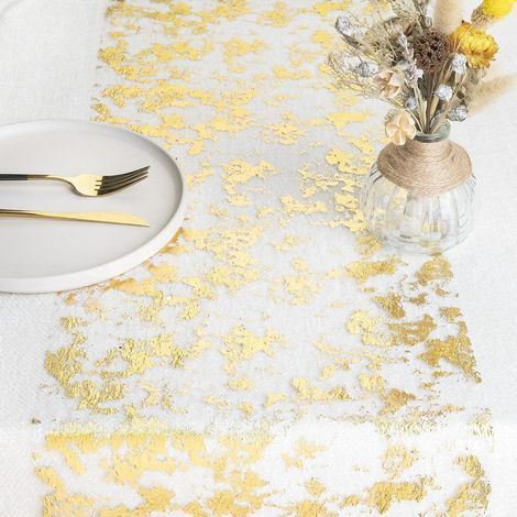 Camino de mesa con detalles dorados, 28 cm x 5 m, cinta metálica para mesa, decoración para fiestas, cumpleaños, bodas, Navidad, manualidades y embalaje (dorado, 5 m). (1/5)