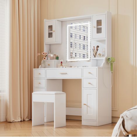 Tavolo da trucco con specchio, LED regolabili e prese, 6 cassetti, 4 ante, bianco HAVRYA (1/5)