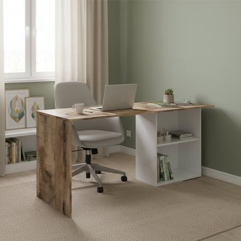 Dmora Escritorio lineal para oficina y estudio con estante, Made in Italy, Mesa minimalista, Escritorio para PC, 110x50h75 cm, color blanco brillante y arce, con embalaje reforzado (1/5)