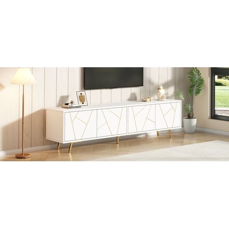 Grand meuble TV 190 x 40 x 51,5 cm pour le salon, avec 4 portes de placard, meuble bas avec 5 pieds métalliques, longueur 190 cm, adapté aux téléviseurs d’environ 85 pouces, blanc et doré (1/5)