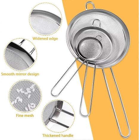 Lot de 3 passoires/tamis à farine en acier inoxydable avec poignée à mailles fines (7 cm, 12 cm et 18 cm) pour égoutter la farine, les pâtes, le riz, les sauces et bien plus encore. (1/5)