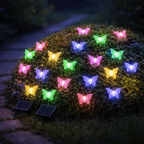 Außenleuchte Solar Lichterkette Gartendeko Außenlampe, RGB LED Farbwechsel, 20x Schmetterling LED, L 470 cm