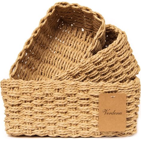 Set de 3 panier de rangement, panier rangement osier en forme de cube en corde à papier tissée recyclable, panier rangement bébé pour dessus de table, commodes, cuisines, salons, salle de bain (1/5)