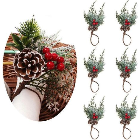 Lot de 6 ronds de serviette élégants de Noël, en cèdre rouge à motifs de fruits. (1/4)