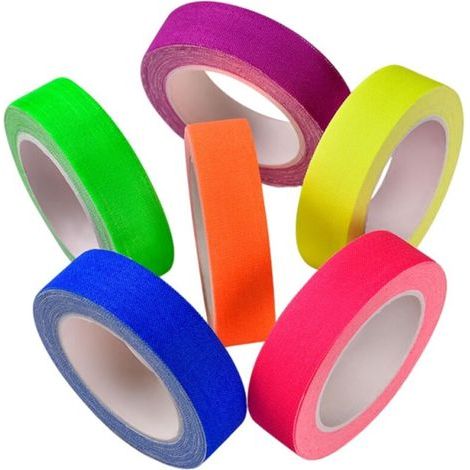 6 Rouleaux Ruban Adhésif Fluo 1.5cmx5m, Peinture Gaffer Noir pour Décoration Anniversaire Annee 80, Bracelet Fluorescent Lumineux, Accessoire Fête Soirée Disco, 6 Couleurs (1/5)