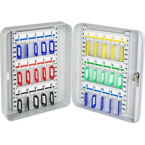 HMF Schlüsselkasten groß aus Stahl, abschließbarer Schlüsselschrank für Flur, Arbeitszimmer oder Garage, 30 Schlüsselhaken, 30 x 24 x 7,5 cm, Lichtgrau (1/5)
