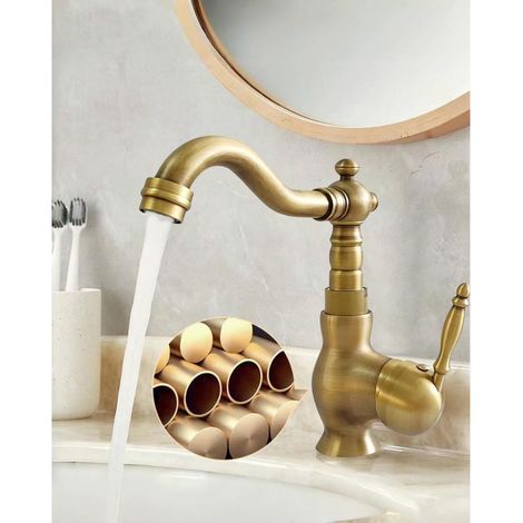 Vintage Robinet Lavabo Laiton Antique Brossé, Mitigeur Monocommande Bronze Rétro, Rotatif à 360° Robinet Mélangeur D'évier Salle de Bain Cuivre, Bec 16cm, 3/8 (1/5)