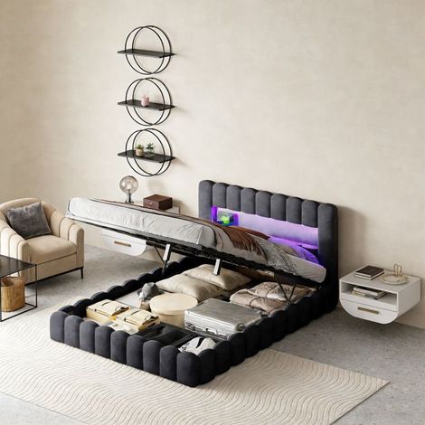 Letto con contenitore 160x200 cm con idraulica, POCKETPOP, letto 160x200 cm con rete a doghe, letto matrimoniale, letto imbottito, lino, grigio