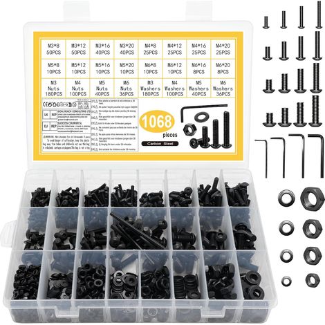 1068 PcsVis M3 M4 M5 M6, Vis à Tête Cylindrique Creuse Hexagonale, Boulon et écrous, Boulon Vis à six pans creux à tête bombée Hexagonale avec Rondelles, pour Métaux Vélos, Noirs (1/5)