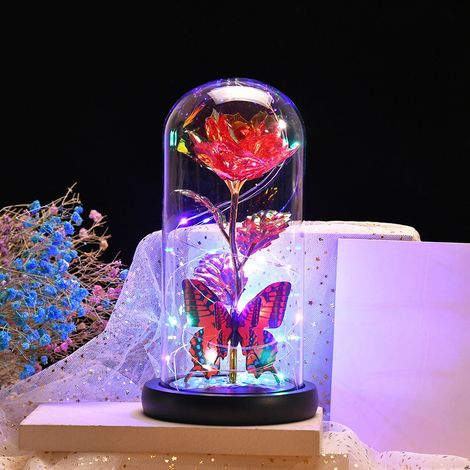 Rose Artificielle Lumineuse - Dôme En Verre - LED Rouge - Pour Anniversaire, Saint-Valentin, Anniversaire De Mariage - 1 Pièce (1/5)