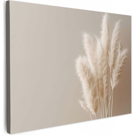 TABLEAU SUR TOILE Herbe de la pampa - Plumes - Pastel - Blanc Tableau Décoration Murale Salon Tableaux muraux 80x60 cm