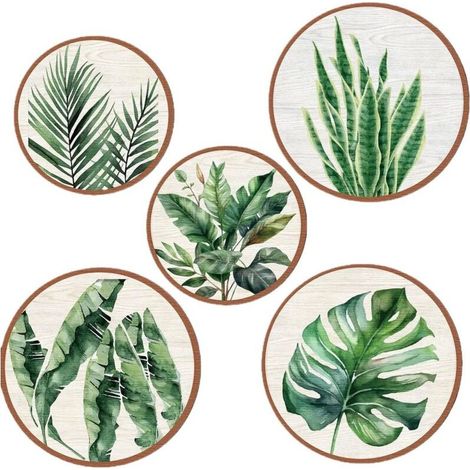 Lntyq Lot de 5 décorations murales en bois - Style bohème - Décoration murale ronde pour chambre à coucher - Plantes tropicales Monstera vert - Décoration (1/4)