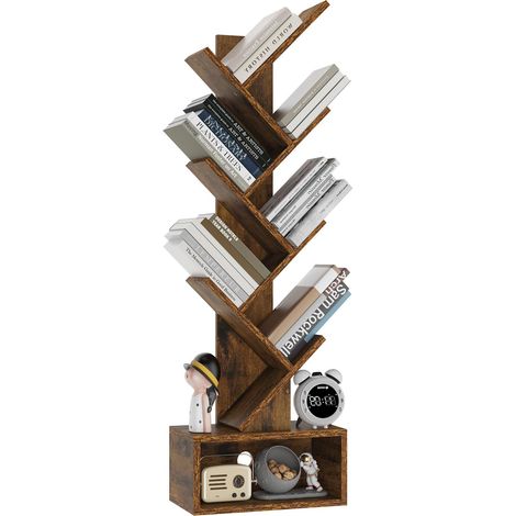 Bibliothèque d'arbre, Étagère à Livres sur Pied, Étagère de Rangement pour Magazines, CD, pour Salon, Chambre, Bureau, 112 cm, Marron Rustique (1/5)