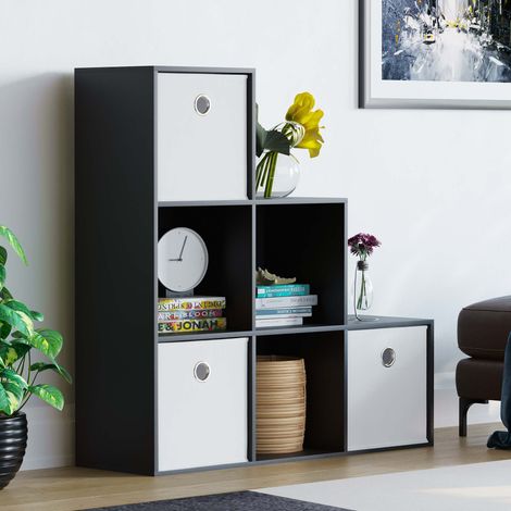 Durham 6 Cube Bookcase Staircase Shelf Wooden Display Storage Rack Free Standing Shelf Unit, Black-3-White-Baskets