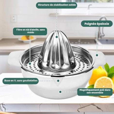 Presse-agrumes en acier inoxydable 18/8 avec récipient de 400 ml - Presse-agrumes manuel - Qualité professionnelle - Presse-agrumes - Pamplemousse - Presse-oranges - Solide et robuste - Passe (1/3)