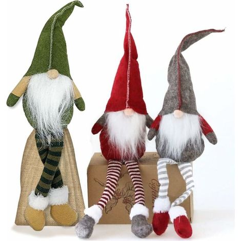 GNOME de Noel - Lot de 3 Nains de Noël - Ornements de Noël — tomte scandinave Fait Main pour décoration de Maison — Jolis Ornements de Père Noël - Matériaux de qualité supérieure - Vert, Rouge, Gris (1/5)