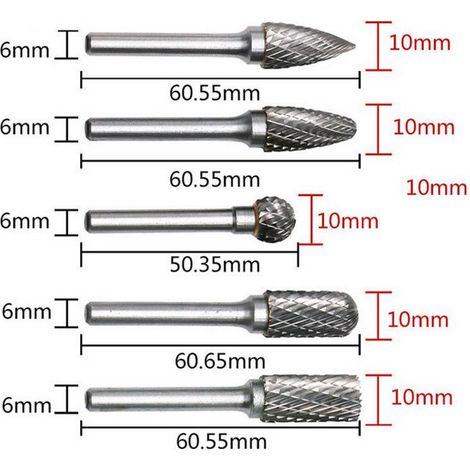 Tête de meulage en acier au carbure de tungstène Lime rotative Fraise à bois Sculpture sur bois Tête de meulage Couteau à découper les racines - 6x10, 5pcs (1/3)
