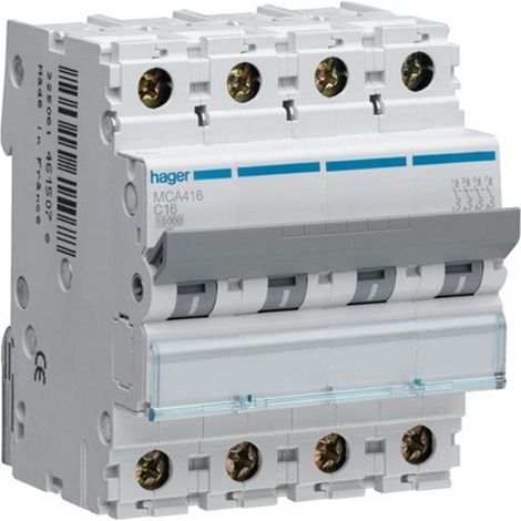 Disjoncteur magnétothermique Hager4P 16A 6KA C 4 modules MCA416
