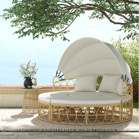 Salotto da giardino 4 pezzi in rattan crema con divano 2 posti, tetto sollevabile e tavolino (1/5)