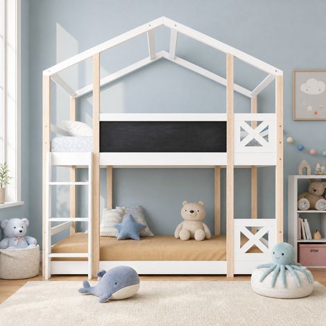 Letto cabina per bambini con scala 90 x 200 cm, con 2 reti a doghe, bianco e naturale HAVRYA (1/5)