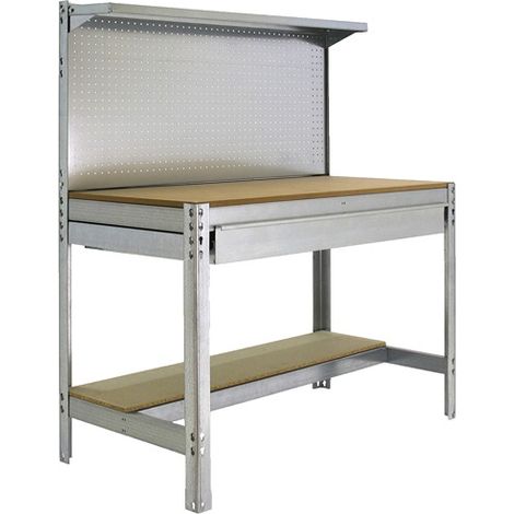 SimonRack Banco da Lavoro con Cassetto Telescopico, Pannello Forato e Ripiano Superiore – Portata 400 kg – 1445x910x610 mm – Tavolo Officina Fai da Te – Zincato/Legno – BT-3 (1/3)