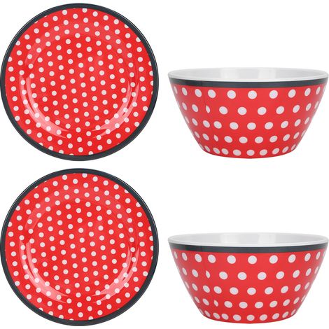 Ensemble de 4 Assiettes à Salade à Points Rouges, Vaisselle Imitation Porcélaire pour Dessert, Fruits et Gâteaux, Idéal pour Cuisine