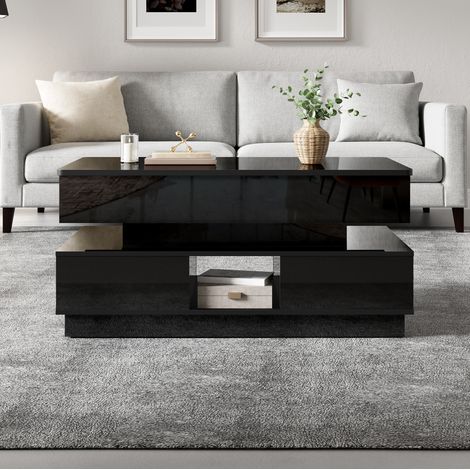 Couchtisch höhenverstellbar mit Stauraum LED MDF Schwarz OKMYHOME (1/5)