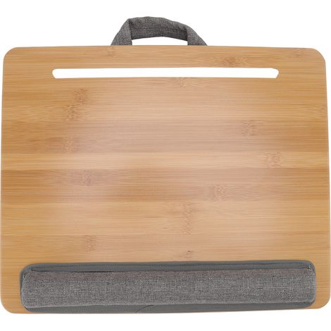 Tablette multifonction en bambou avec coussin pour ordinateur portable, idéale pour lire, écrire ou jouer. Fonction support pour ordinateur portable et tablette de lit. (1/5)