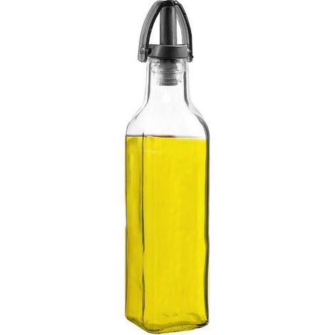 Botella de vidrio para aceite/vinagre con pico vertedor y tapón.