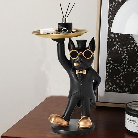 Esculturas decorativas de bulldog francés, bandeja decorativa, encantadora estatua de bulldog francés con bandeja para sala de estar, entrada, oficina, decoración de mesa y regalos. (1/5)
