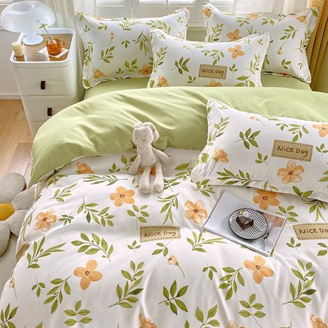 Juego de funda nórdica floral, tamaño Queen, 3 piezas, amarillo, verde, hojas, botánico, ropa de cama blanca, juego de funda nórdica, 100% algodón, 1 funda nórdica (1/4)