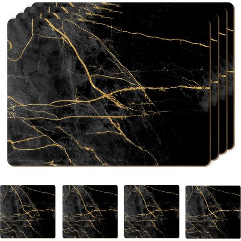 Lot de 4 Sets de Table en liège résistants à la Chaleur pour Table de Salle à Manger avec Lot de 4 Dessous de Verre Assortis Motif marbre 40,6 x 30,5 cm Noir et doré (1/5)