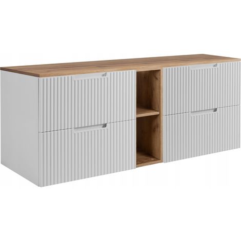 Meuble de Salle de Bain Vena - 140 cm - Blanc et Chêne - Design Moderne - Fronts Rainurés
