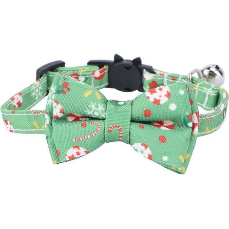 Collier de Noël pour animaux de compagnie avec clochettes et nœuds papillon, collier pour chat ajustable avec lanière de cou-28x1cm-Green (1/3)