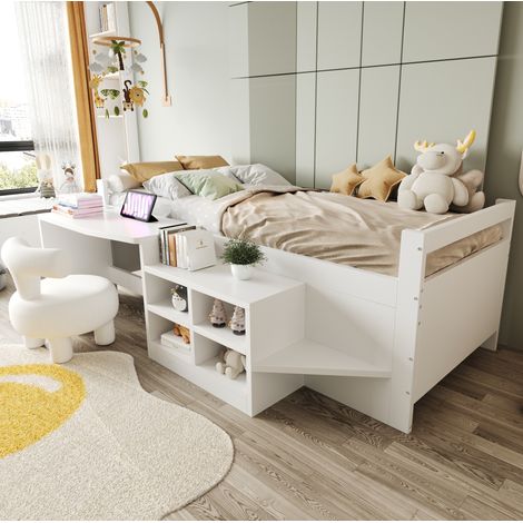 MEUBLIV Letto 90x200 cm bianco con scrivania, contenitori e porte USB, senza materasso (1/5)