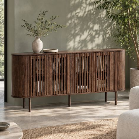 Aparador 160 x 40 x 70 cm en MDF, 4 puertas perforadas, patas de metal, nogal OKMYHOME (1/5)